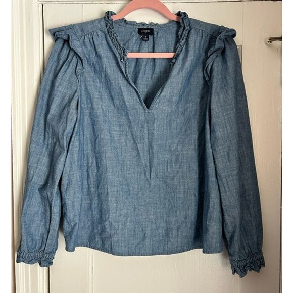 SUMMER SALE | J.Crew Chambray Ruffle Long Sleeve Blouse – Size Small - Picture 1 of 13